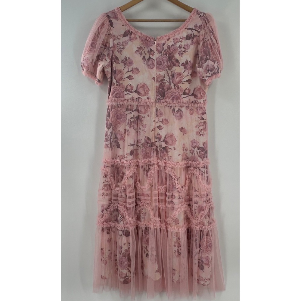 Ivy City Co Pink Floral Tulle Midi Dress XL NWT Ruffle Tiered Puff Sleeve Rose - Picture 6 of 10